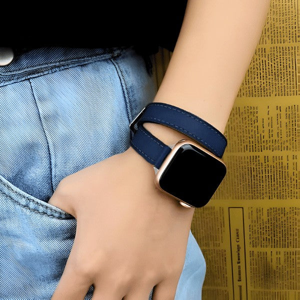 רצועת עור לשעון אפל ווטש 40/41/42mm כפולה צרה -Blue
