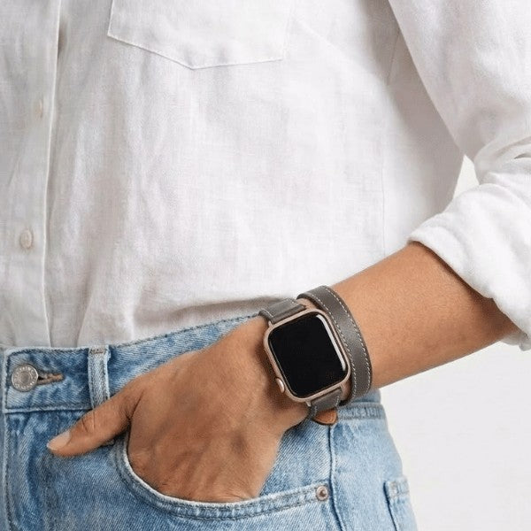 רצועת עור לשעון אפל ווטש 40/41/42mm כפולה צרה -Grey