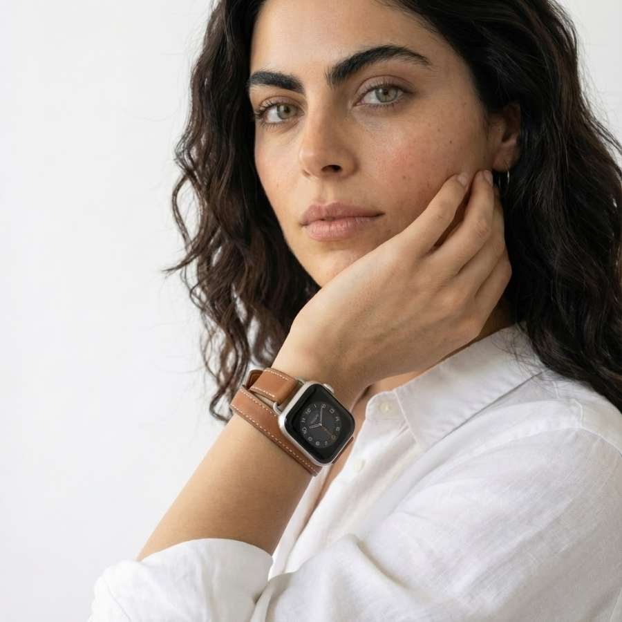 Cleopatra Double Tour Slim Genuine Leather Band for Apple Watch 40/41/42mm -Brown