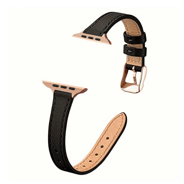 רצועת עור צרה לשעון אפל ווטש 44/45/46/49mm אבזם Rose Gold צבע -Black