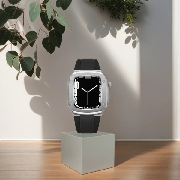 Apple Watch Full Case MOD KIT מקרה נירוסטה כסוף עם רצועת סיליקון לוקאס 44 מ"מ 45 מ"מ -שחור