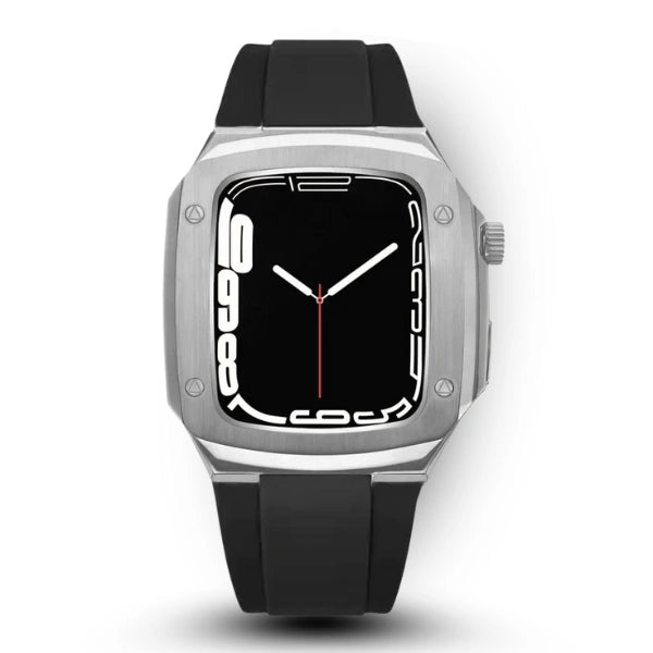 Apple Watch Full Case MOD KIT מקרה נירוסטה כסוף עם רצועת סיליקון לוקאס 44 מ"מ 45 מ"מ -שחור