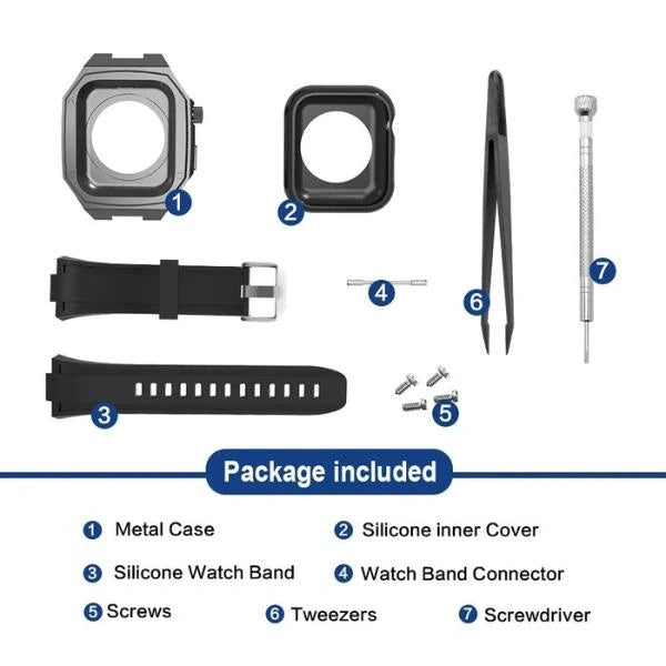 Apple Watch Full Case MOD KIT מקרה נירוסטה כסוף עם רצועת סיליקון לוקאס 44 מ"מ 45 מ"מ -שחור
