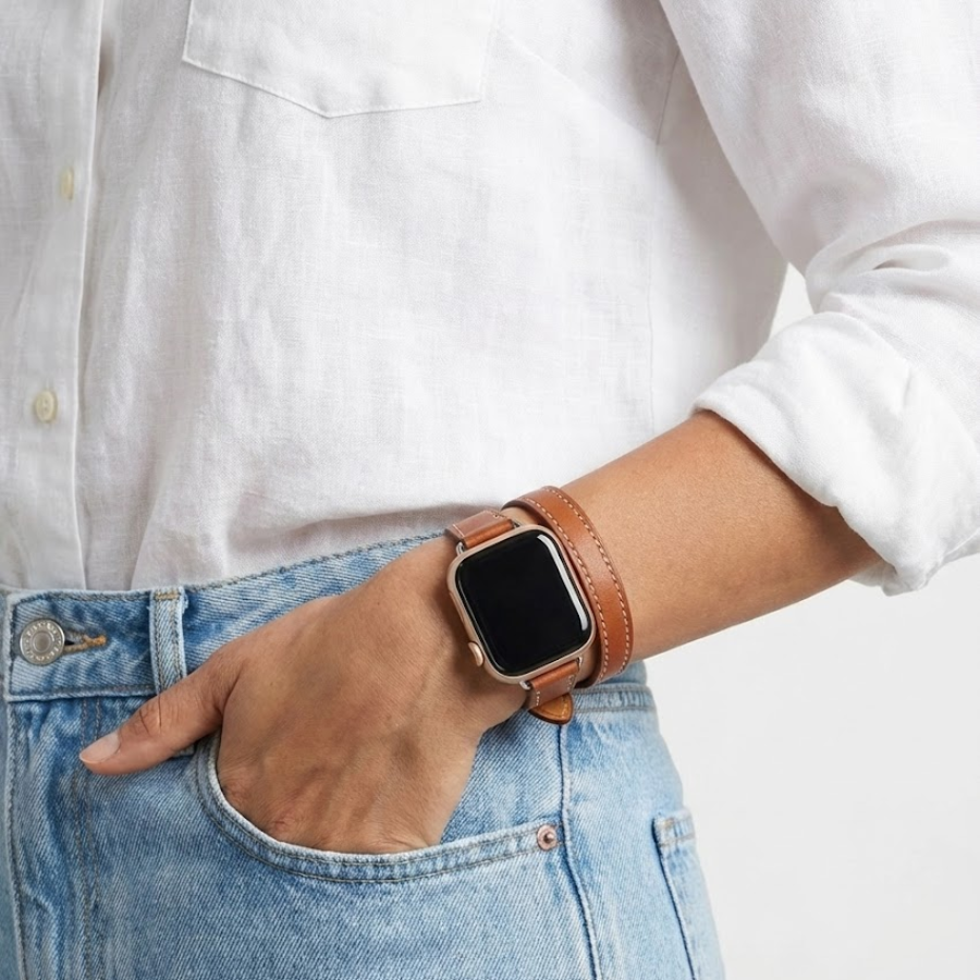 Cleopatra Double Tour Slim Genuine Leather Band for Apple Watch 40/41/42mm -Brown