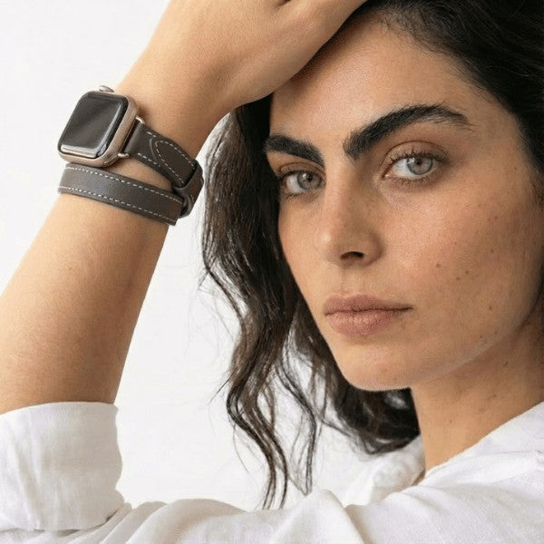 רצועת עור לשעון אפל ווטש 40/41/42mm כפולה צרה  -Grey