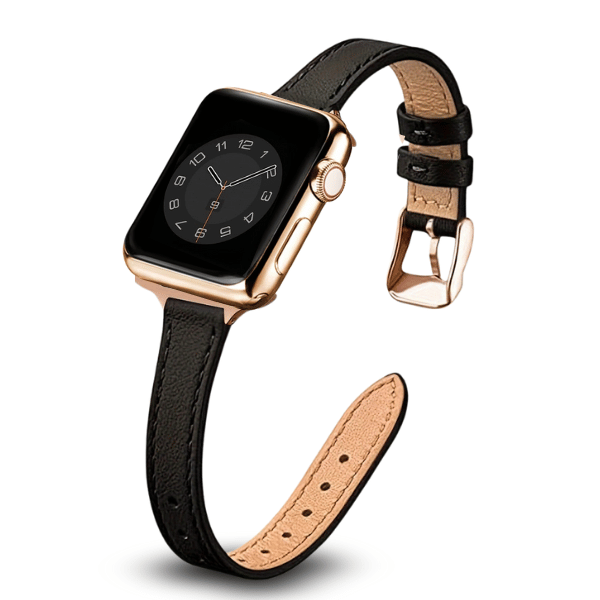 רצועת עור צרה לשעון אפל ווטש 40/41/42mm אבזם Rose Gold צבע -Black 